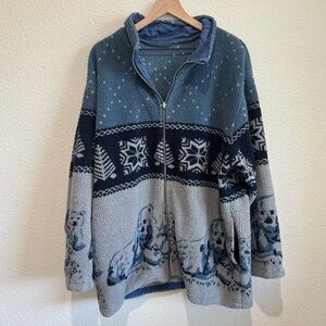 VTG Polar Bear Deep Pile Fleece Full Zip Jacket Wild Life All Over Print XL